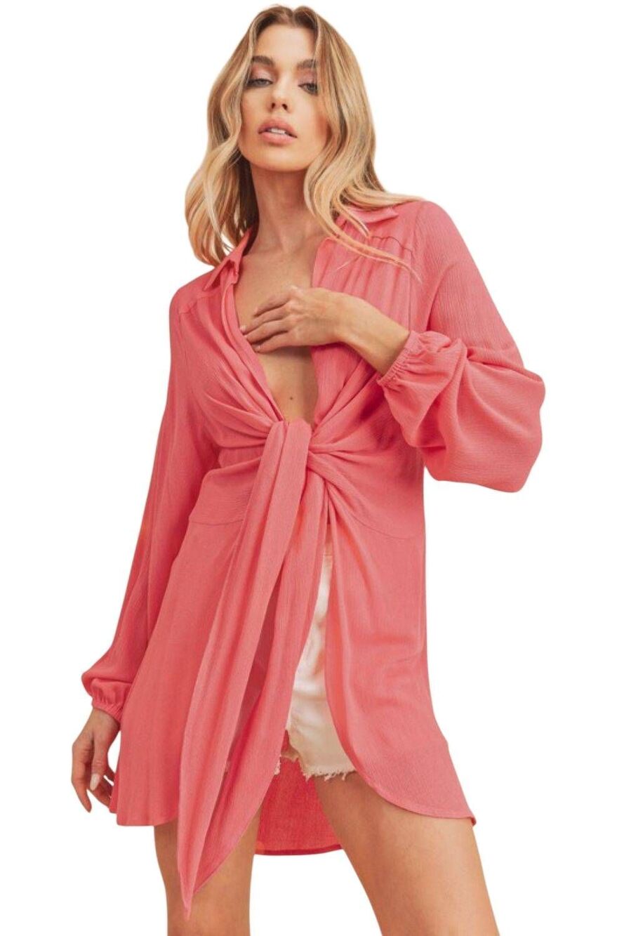 Aemi + Co Tied Front Long Sleeve Blouse in Vibrant Coal Pink sz Small